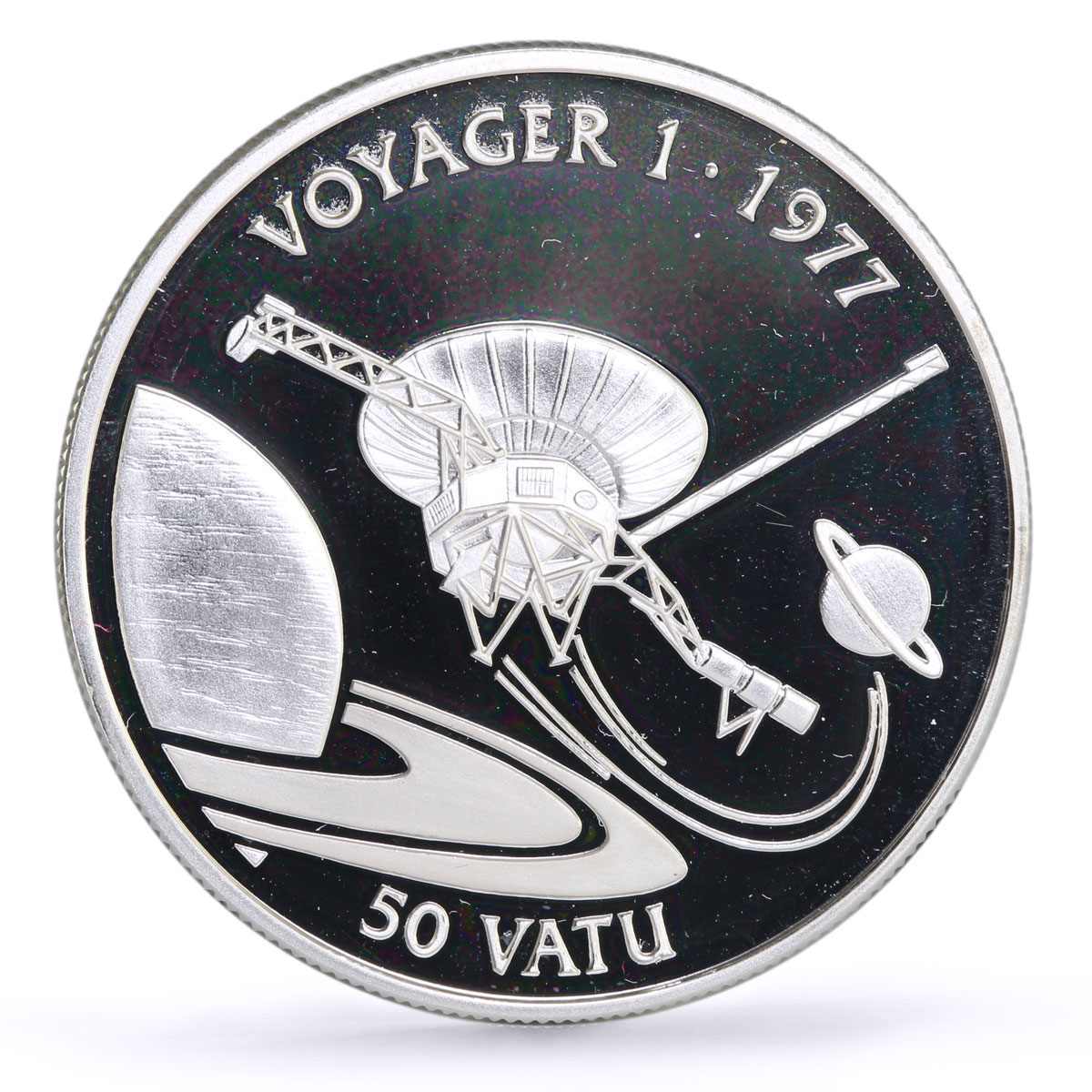 Vanuatu 50 vatu Spaceship Voyager Saturn Jupiter Planets Space silver coin 1998