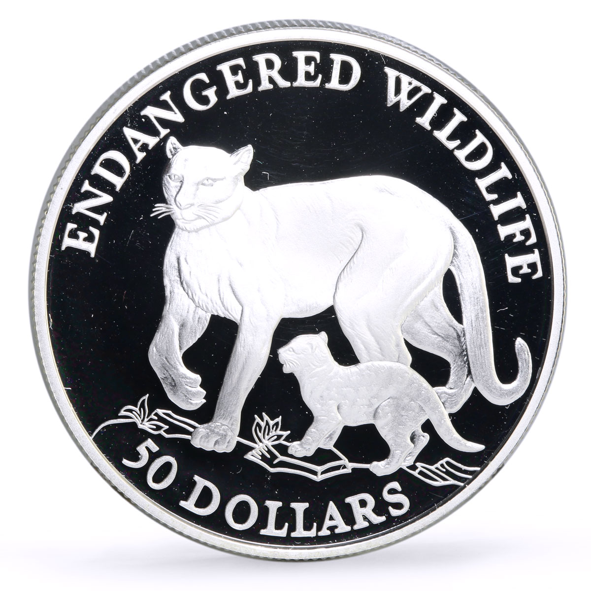 Cook Islands 50 dollars Conservation Wildlife Cougar Cat Fauna silver coin 1991