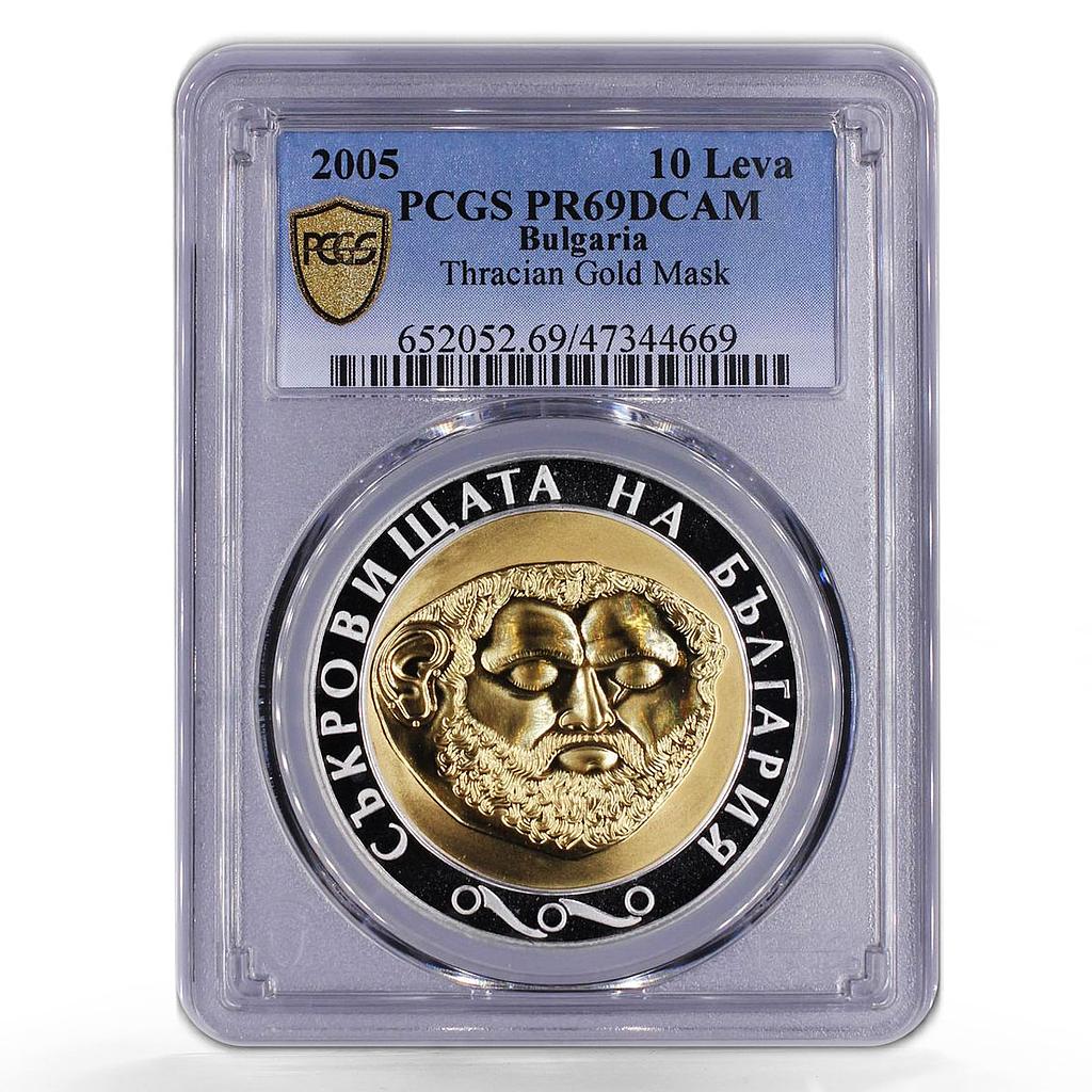 Bulgaria 10 leva Treasures Thracian Gold Mask PR69 PCGS gilded silver coin 2005