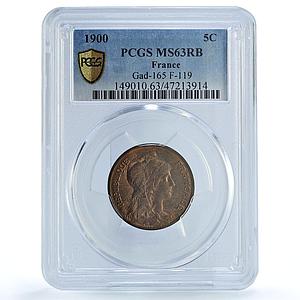 France 5 centimes Republic Liberty Head KM-842 MS63RB PCGS bronze coin 1900