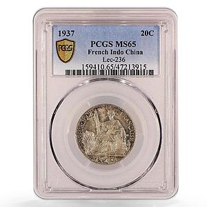France French Indochina 20 cents Liberty Seated KM-17.2 MS65 PCGS Ag coin 1937