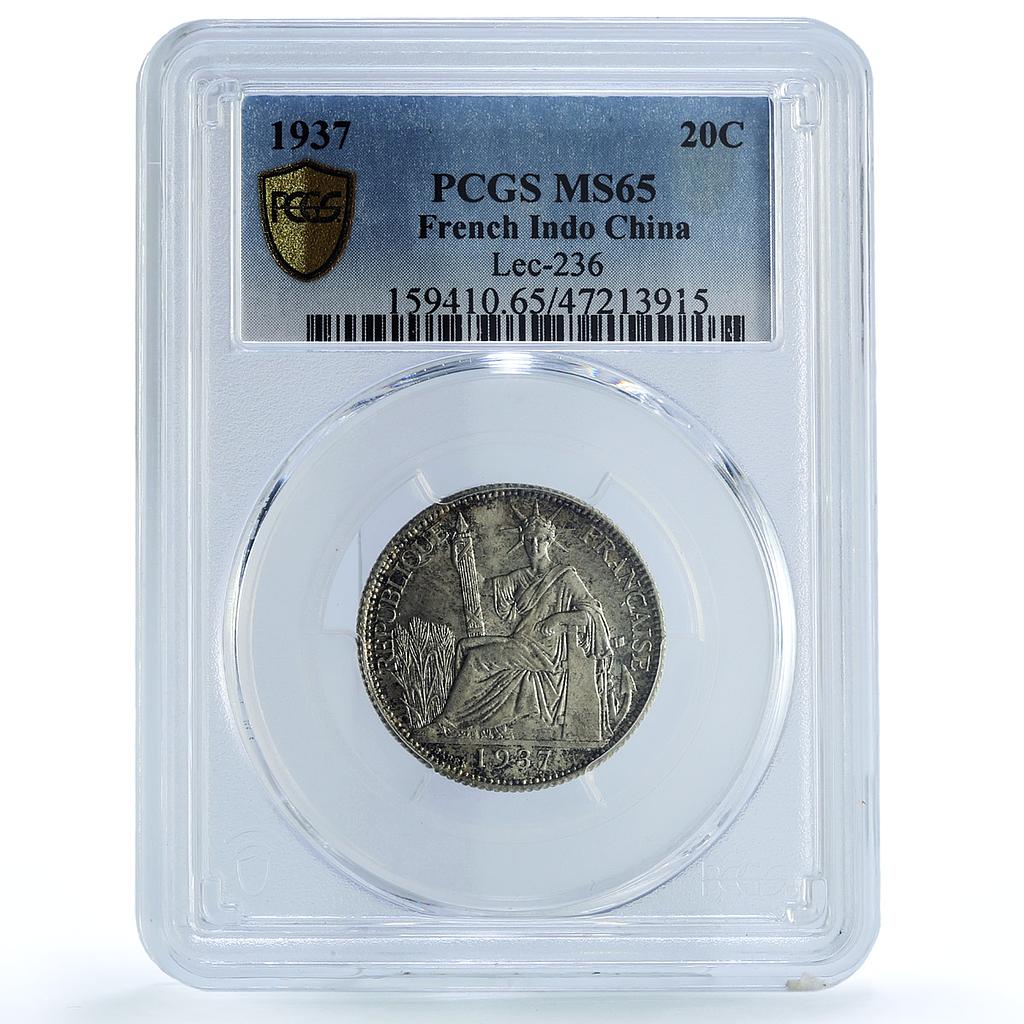 France French Indochina 20 cents Liberty Seated KM-17.2 MS65 PCGS Ag coin 1937 France French Indochina 20 cents Liberty Seated KM-17.2 MS65 PCGS Ag coin 1937