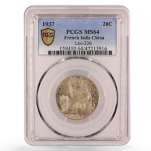 France French Indochina 20 cents Liberty Seated KM-17.2 MS64 PCGS Ag coin 1937