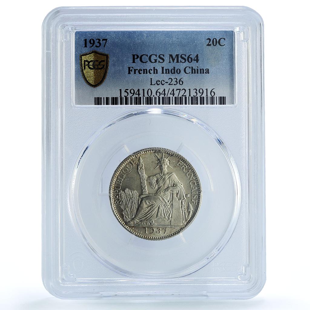 France French Indochina 20 cents Liberty Seated KM-17.2 MS64 PCGS Ag coin 1937 France French Indochina 20 cents Liberty Seated KM-17.2 MS64 PCGS Ag coin 1937