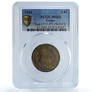 France 2 francs State Coinage Coat of Arms KM-905 MS64 PCGS brass coin 1944