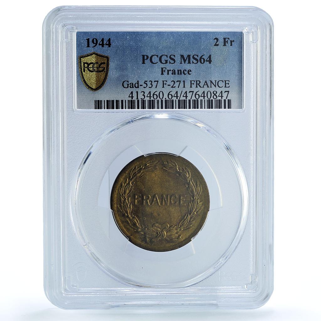 France 2 francs State Coinage Coat of Arms KM-905 MS64 PCGS brass coin 1944 France 2 francs State Coinage Coat of Arms KM-905 MS64 PCGS brass coin 1944