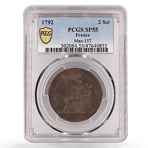 France 2 sols Monneron Freres w/o Parentheses MAZ-157 SP55 PCGS bronze coin 1792