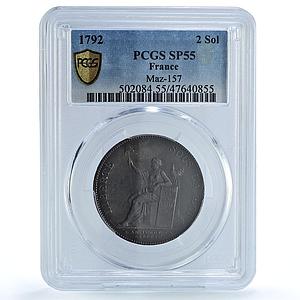 France 2 sols Monneron Freres w/o Parentheses MAZ-157 SP55 PCGS bronze coin 1792