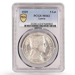 Latvia 5 lati First Republic Coat of Arms KM-9 MS62 PCGS silver coin 1929