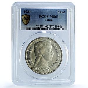 Latvia 5 lati First Republic Coat of Arms KM-9 MS63 PCGS silver coin 1931