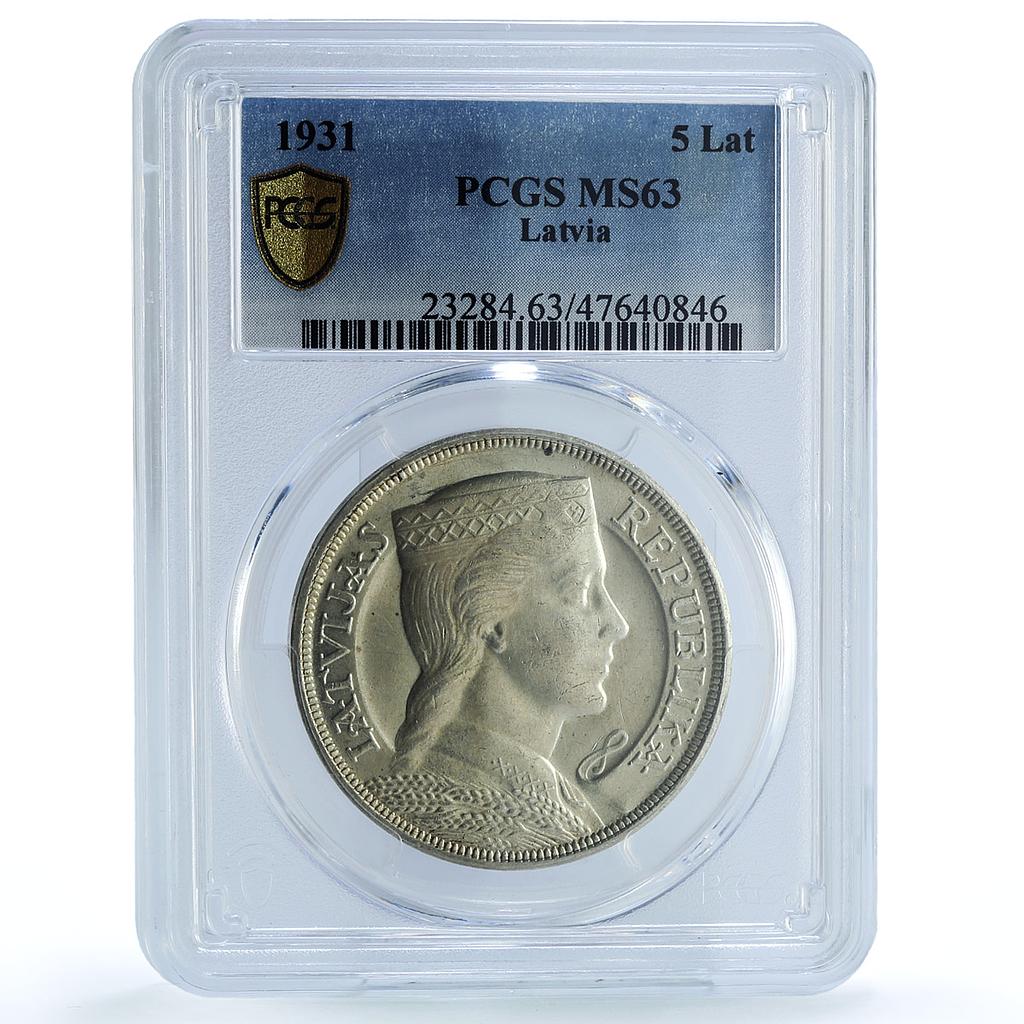 Latvia 5 lati First Republic Coat of Arms KM-9 MS63 PCGS silver coin 1931 Latvia 5 lati First Republic Coat of Arms KM-9 MS63 PCGS silver coin 1931
