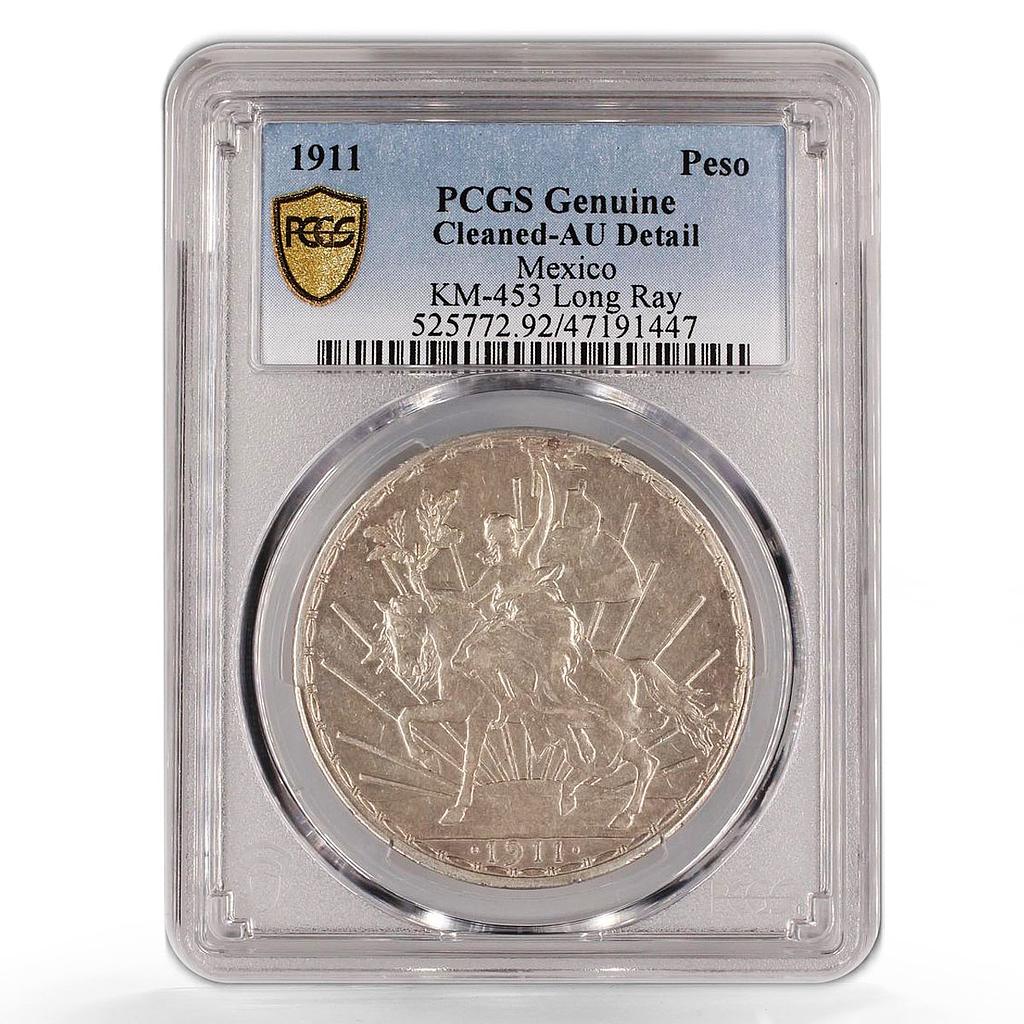 Mexico 1 peso Caballito Long Ray Horse Rider KM-453 AU PCGS silver coin 1911
