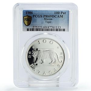 Macau 100 patacas Lunar Calendar Year of the Tiger PR69 PCGS silver coin 1986