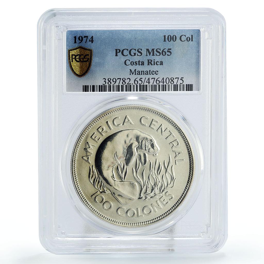 Costa Rica 100 colones Wildlife Conservation Manatee MS65 PCGS silver coin 1974