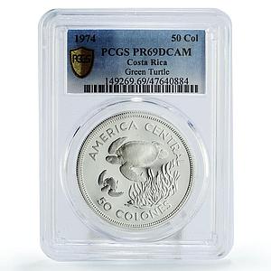 Costa Rica 50 colones Conservation Green Turtle PR69 PCGS silver coin 1974