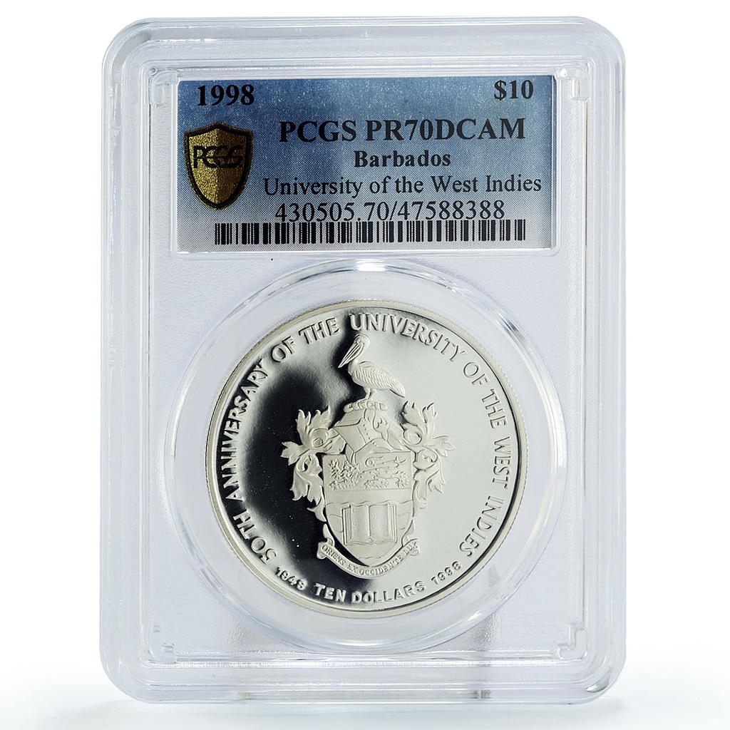 Barbados 10 dollars West Indies University Jubilee PR70 PCGS silver coin 1998