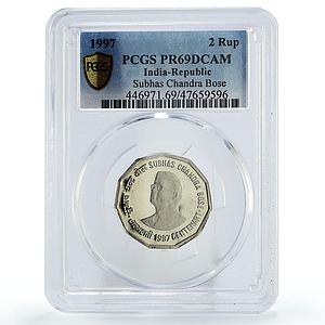 India 2 rupees 200 Years Subhas Chandra Bose Politics PR69 PCGS CuNi coin 1997