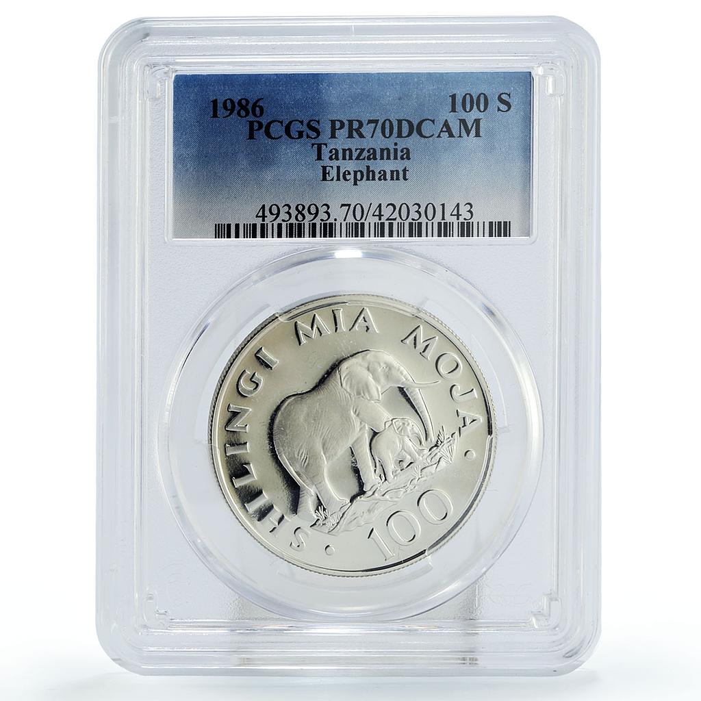 Tanzania 100 shillings Conservation Wildlife Elephant PR70 PCGS silver coin 1986