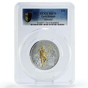 Cook Islands 10 $ Mercury God of Trade Commerce Train MS70 PCGS silver coin 2008