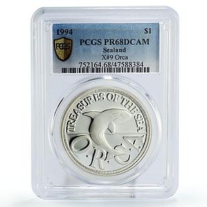 Sealand 1 dollar ORCA Whale Fauna PR68 PCGS silver coin 1994