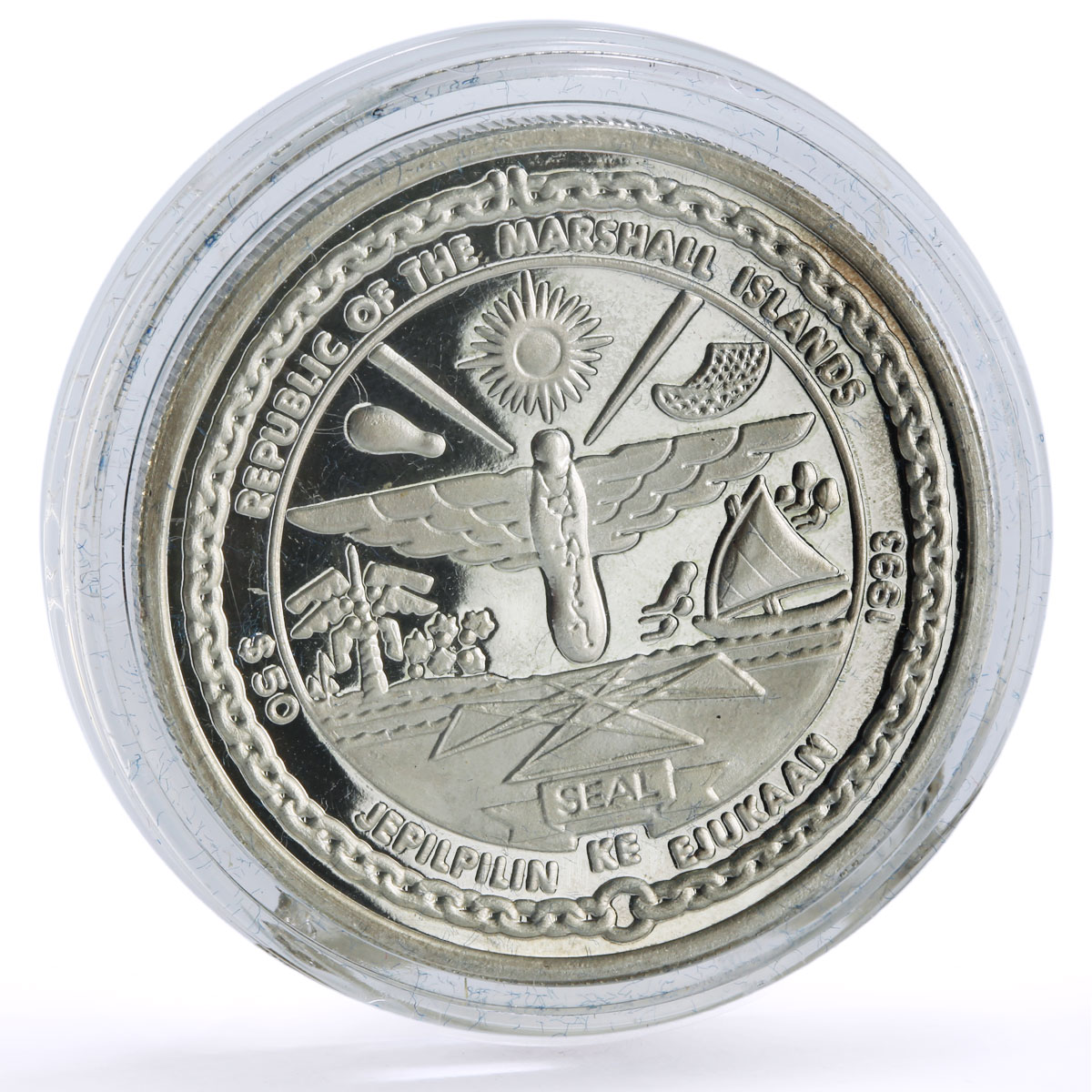 Marshall Islands 50 $ Marine Life Humpbacked Dolphin Fauna silver coin 1993
