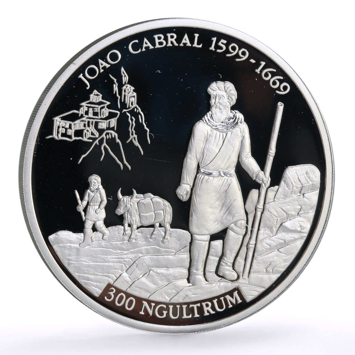 Bhutan 300 ngultrum Portuguese Explorer Joao Cabral proof silver coin 1993