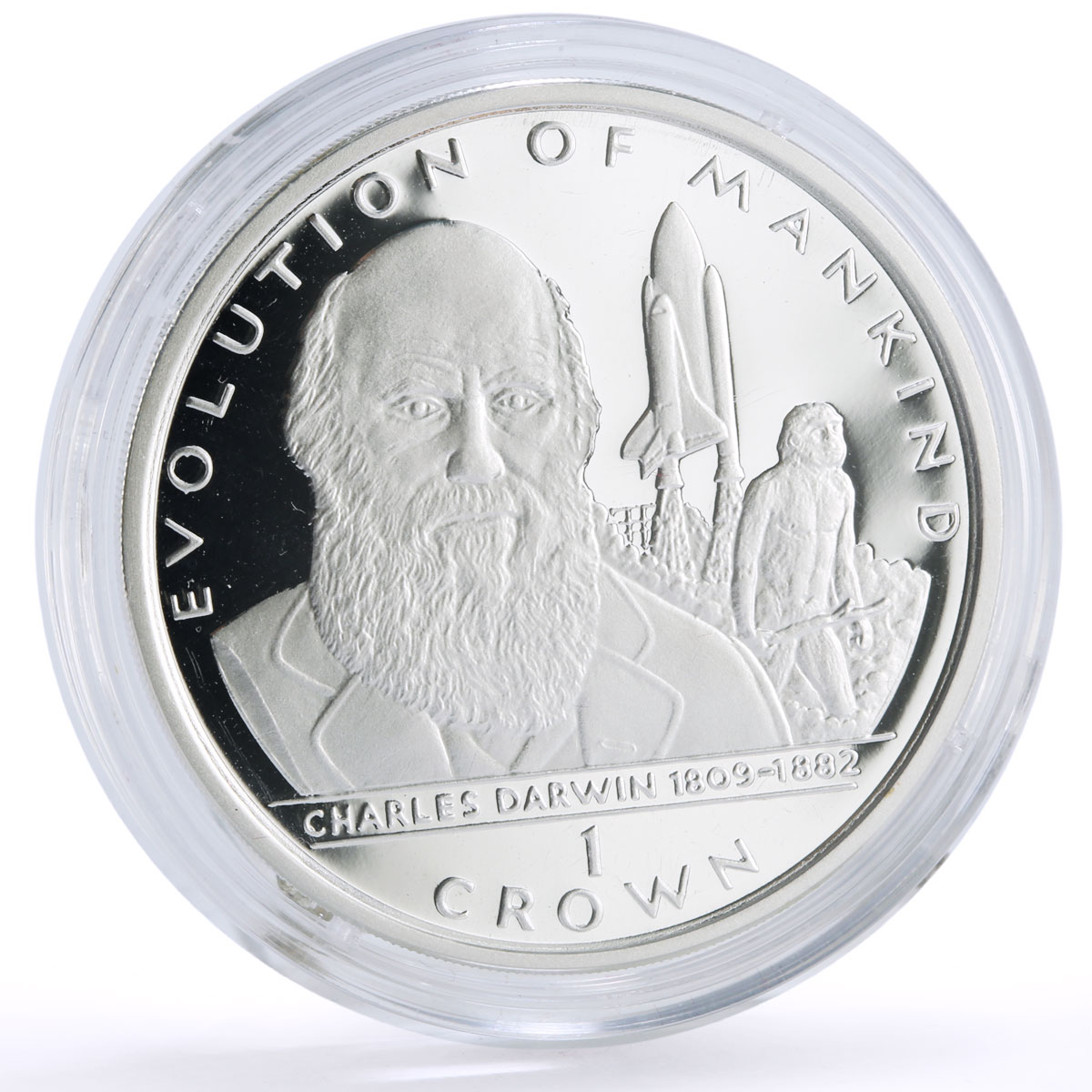 Gibraltar 1 crown Mankind Evolution Charles Darwin Shuttle Caveman Ag coin 1998