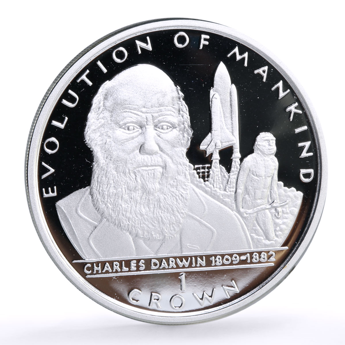 Gibraltar 1 crown Mankind Evolution Charles Darwin Shuttle Caveman Ag coin 1998