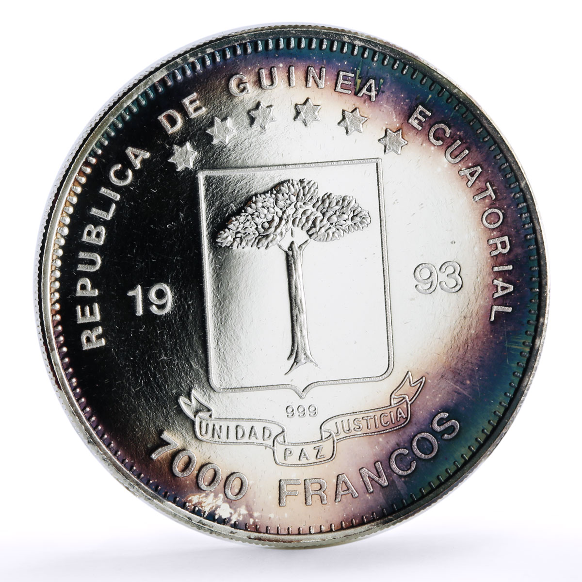 Equatorial Guinea 7000 francos Jurassic Dinosaurs Plateosaurus silver coin 1993