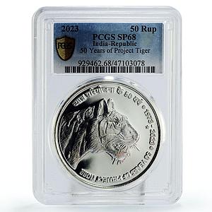 India 50 rupees Conservation Tiger Project Fauna SP68 PCGS silver coin 2023