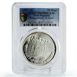 India 50 rupees Independence Mahatma Gandhi March PR68 PCGS silver coin 1997