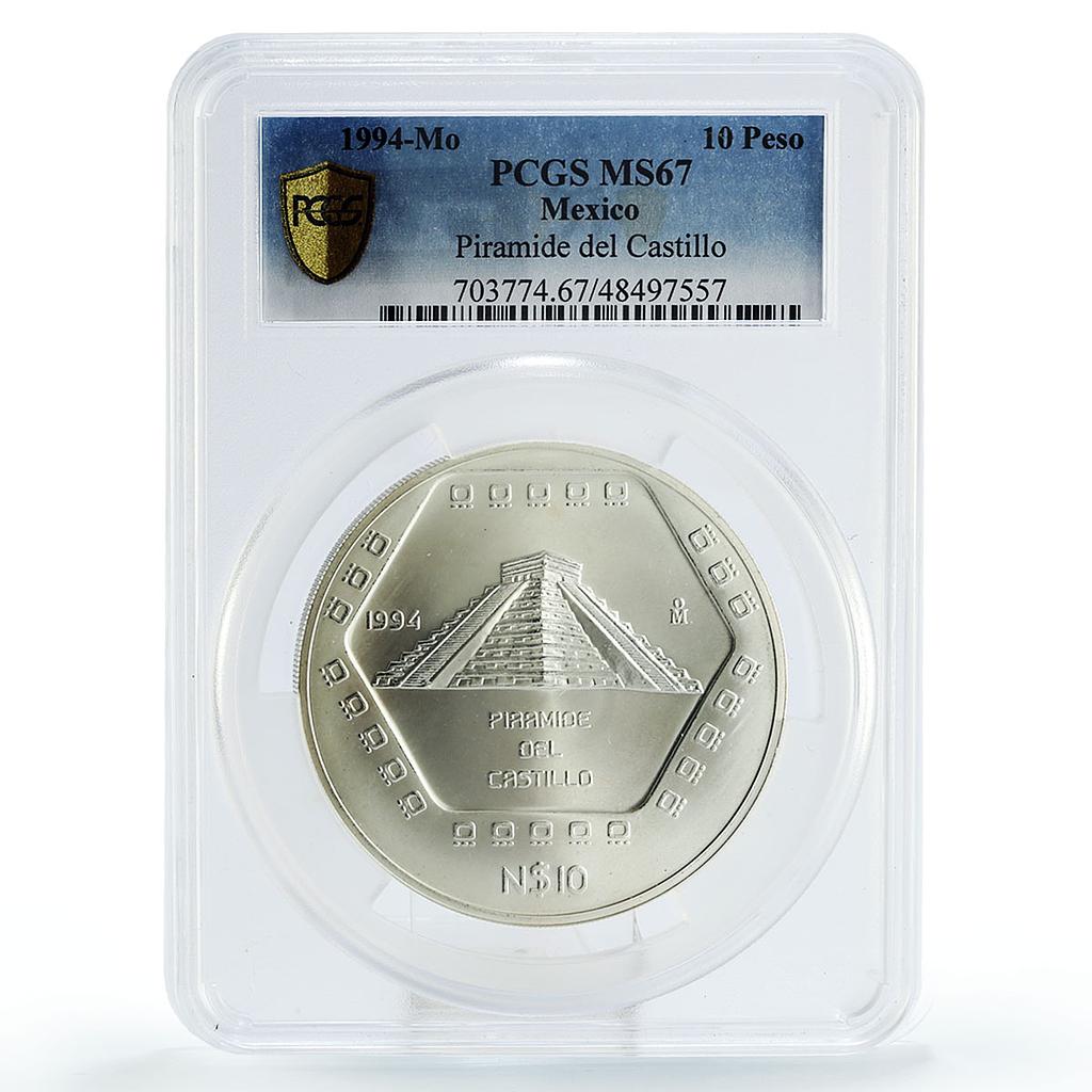 Mexico 10 pesos Precolombina Pyramid del Castillo MS67 PCGS silver coin 1994