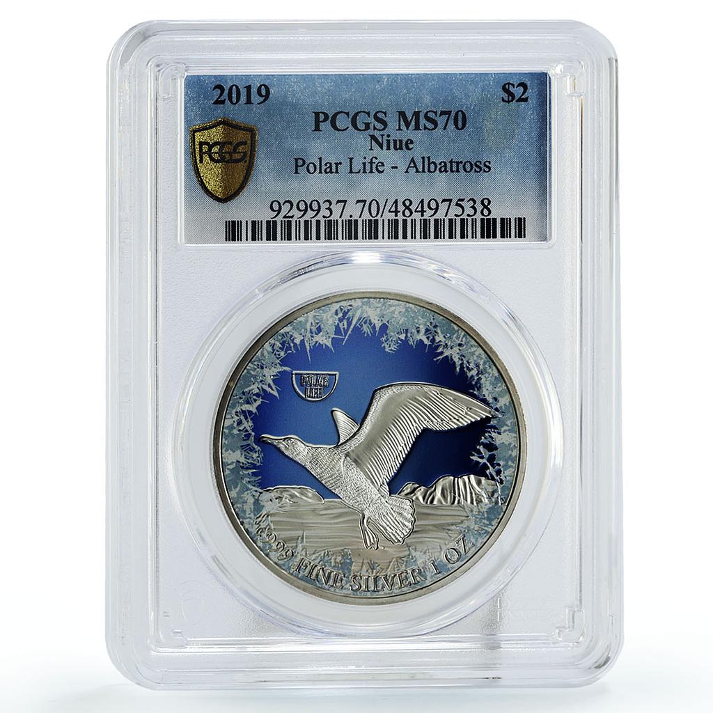 Niue 2 $ Conservation Wildlife Albatross Bird Polar Fauna MS70 PCGS Ag coin 2019