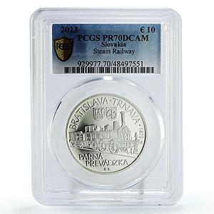 Slovakia 10 euro Steam Railway Bratislava Trnava Trains PR70 PCGS Ag coin 2023