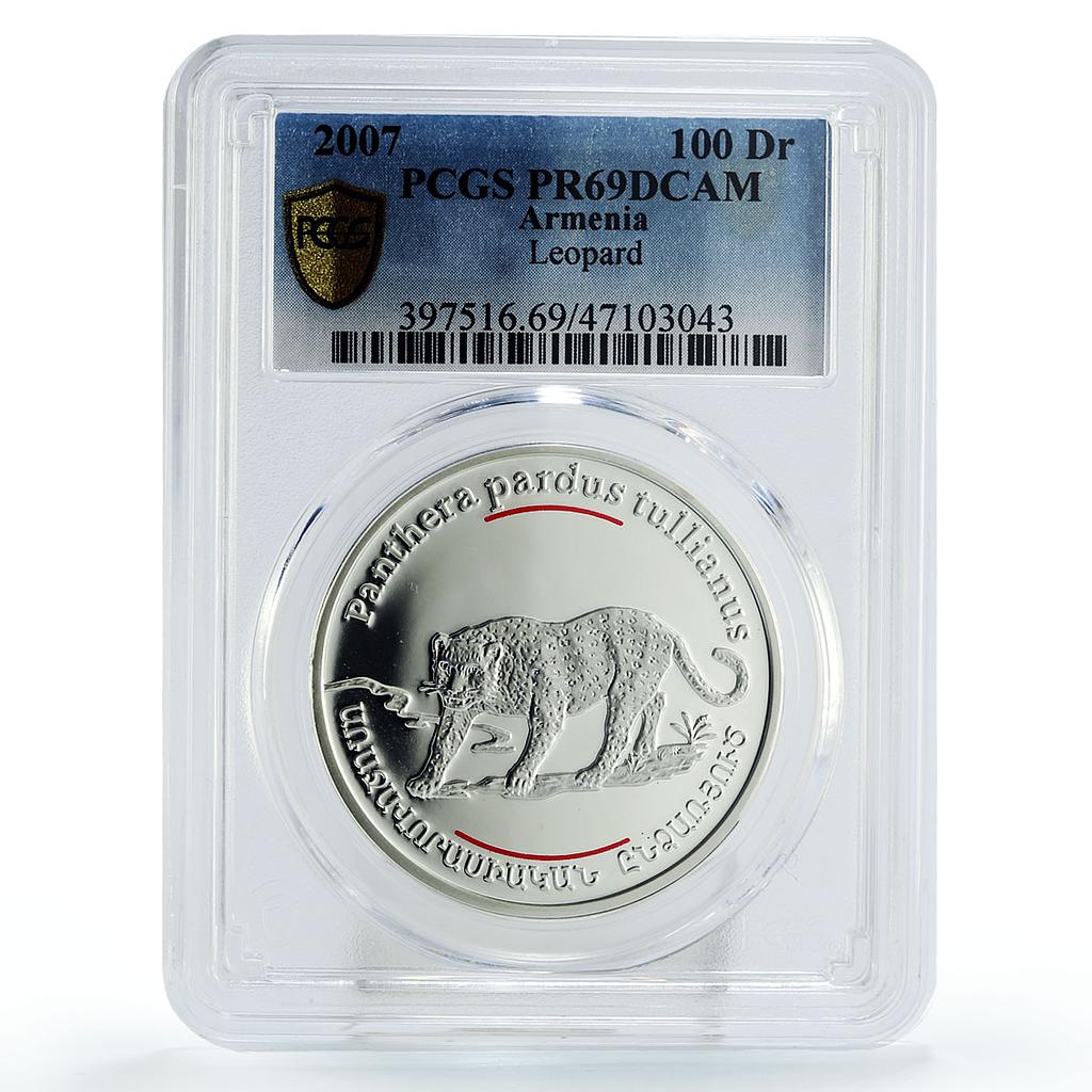Armenia 100 dram Conservation Red Book Leopard Fauna PR69 PCGS silver coin 2007