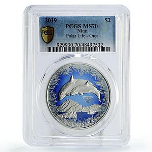 Niue 2 dollars Conservation Wildlife Orca Polar Fauna MS70 PCGS silver coin 2019