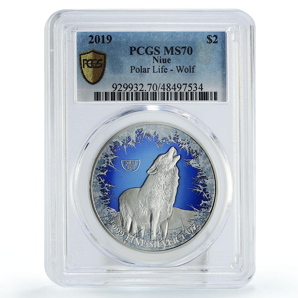 Niue 2 dollars Conservation Wildlife Wolf Polar Fauna MS70 PCGS silver coin 2019