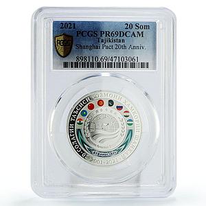 Tajikistan 20 somoni 20th Anniversary Shanghai Pact PR69 PCGS silver coin 2021