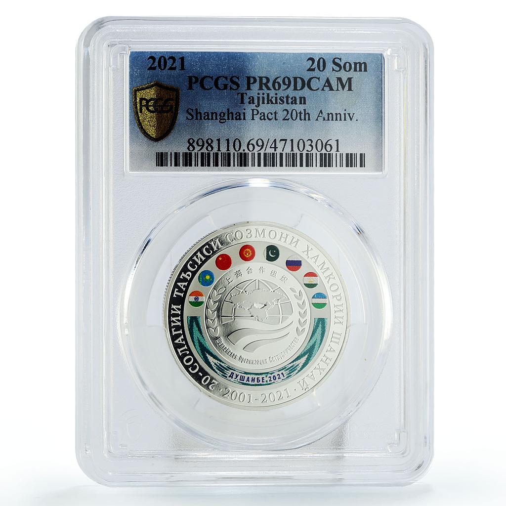 Tajikistan 20 somoni 20th Anniversary Shanghai Pact PR69 PCGS silver coin 2021