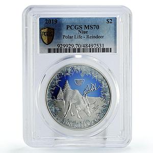 Niue 2 dollars Conservation Wildlife Raindeer Polar Fauna MS70 PCGS Ag coin 2019