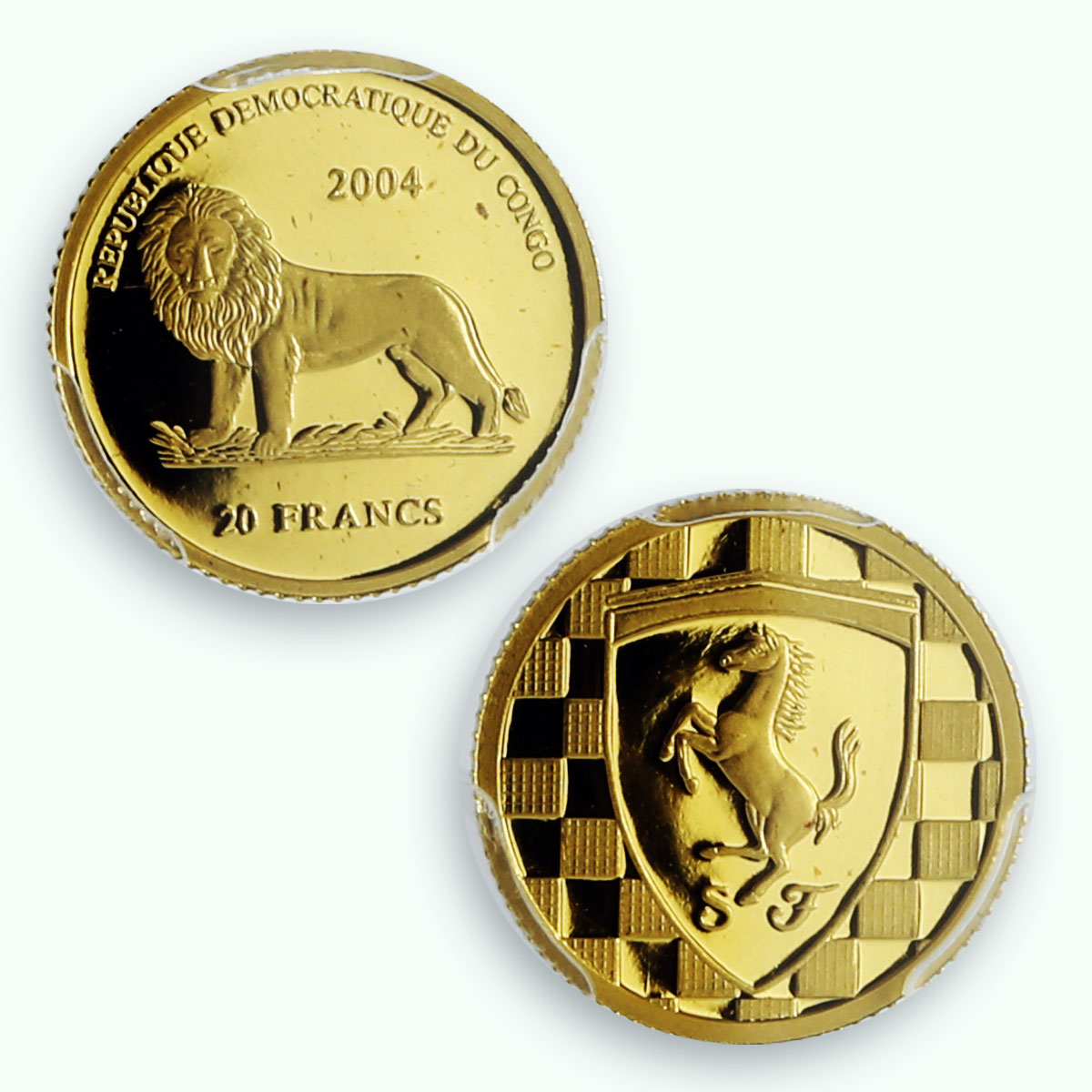 Congo 20 francs Ferrari Coat of Arms Automobiles Cars PR68 PCGS gold coin 2004