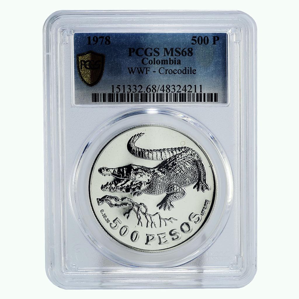Colombia 500 pesos Endangered Wildlife Crocodile Fauna MS68 PCGS silver 1978