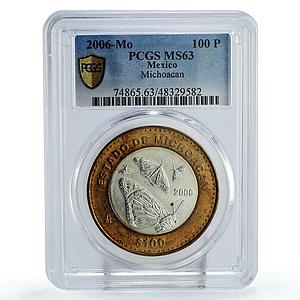 Mexico 100 pesos Michoacan State Butterflies Fauna MS63 PCGS bimetal coin 2006