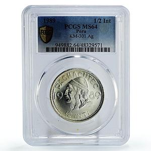 Peru 1/2 inti Inca Pachacutec Head Facing KM-301 MS64 PCGS silver coin 1989