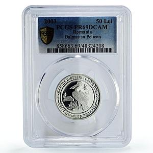 Romania 50 lei Conservation Wildlife Pelican Bird Fauna PR69 PCGS Ag coin 2003