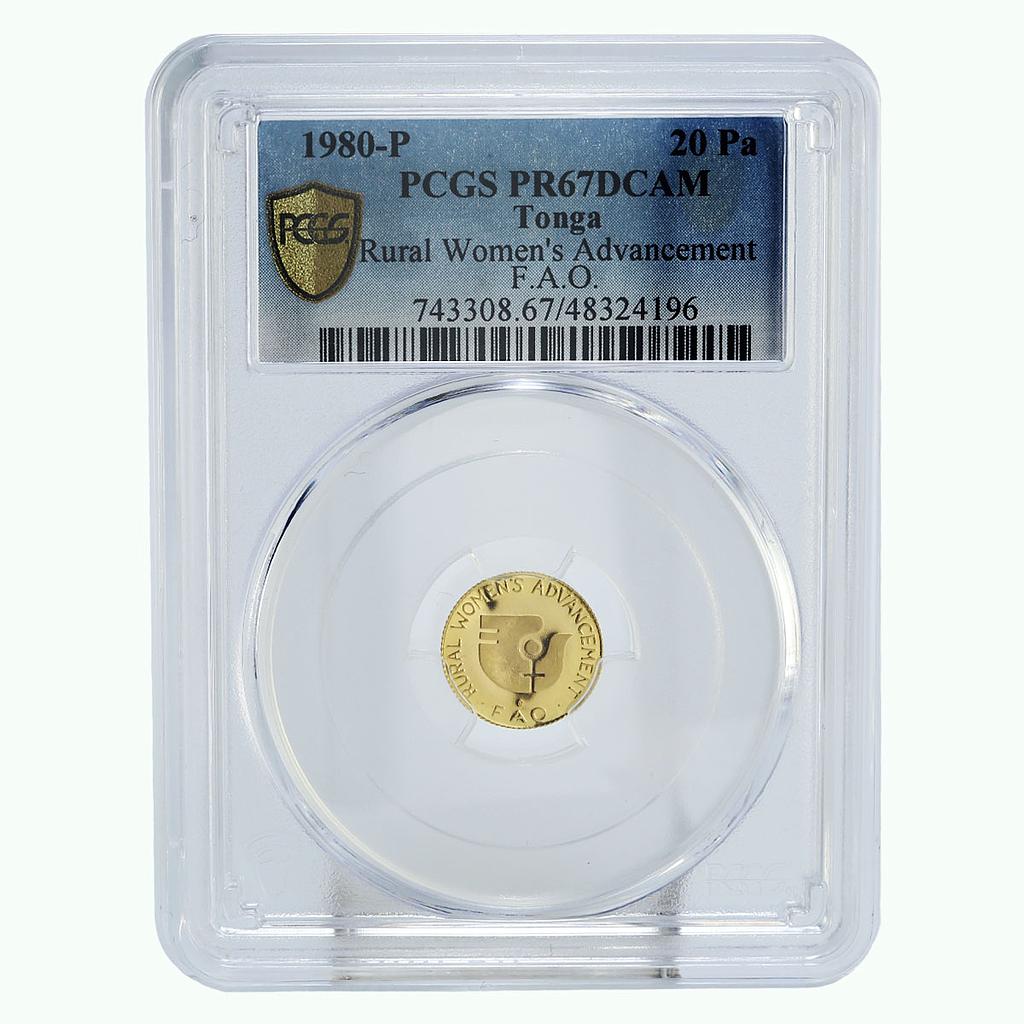 Tonga 20 paanga FAO Food Day Rural Women's Advancement PR67 PCGS gold coin 1980