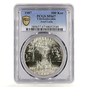 Czechoslovakia 500 korun Painter Josef Lada Art MS67 PCGS silver coin 1987