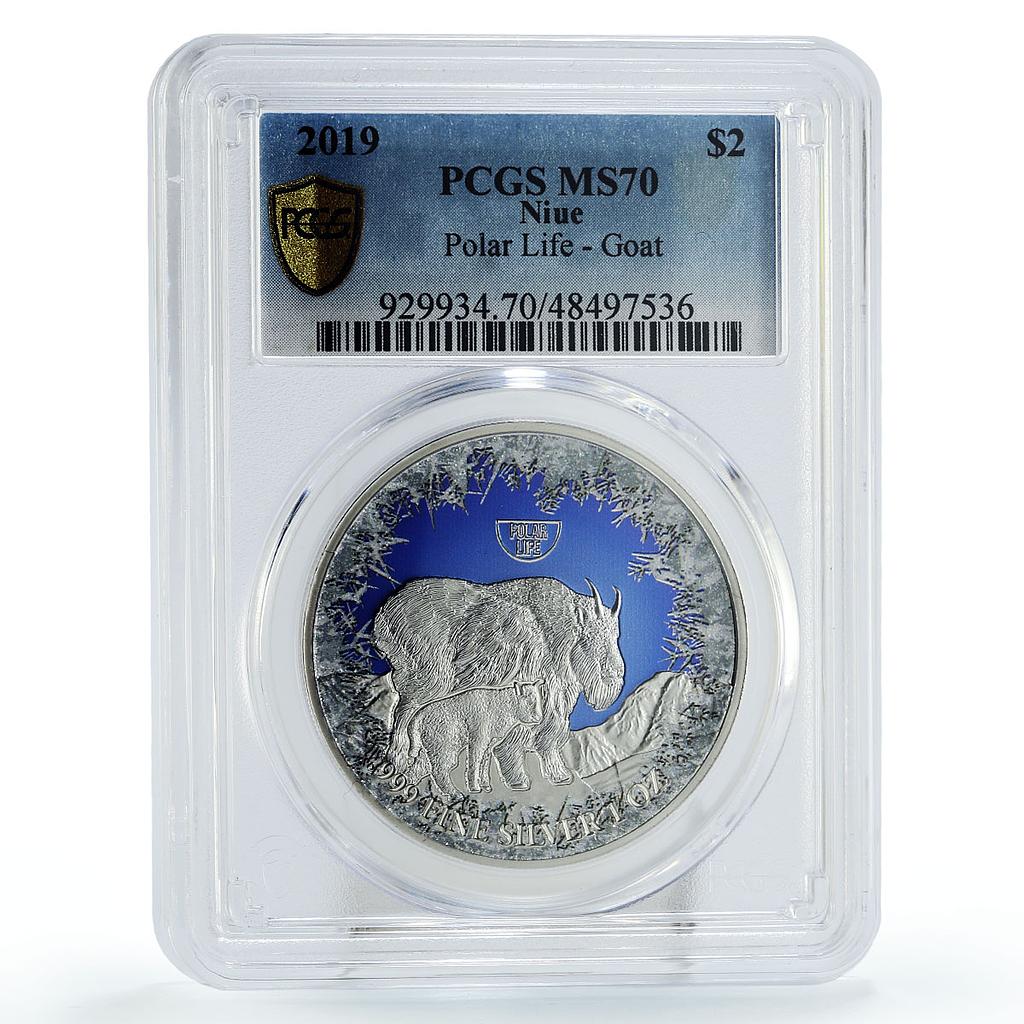 Niue 2 dollars Conservation Wildlife Goat Polar Fauna MS70 PCGS silver coin 2019