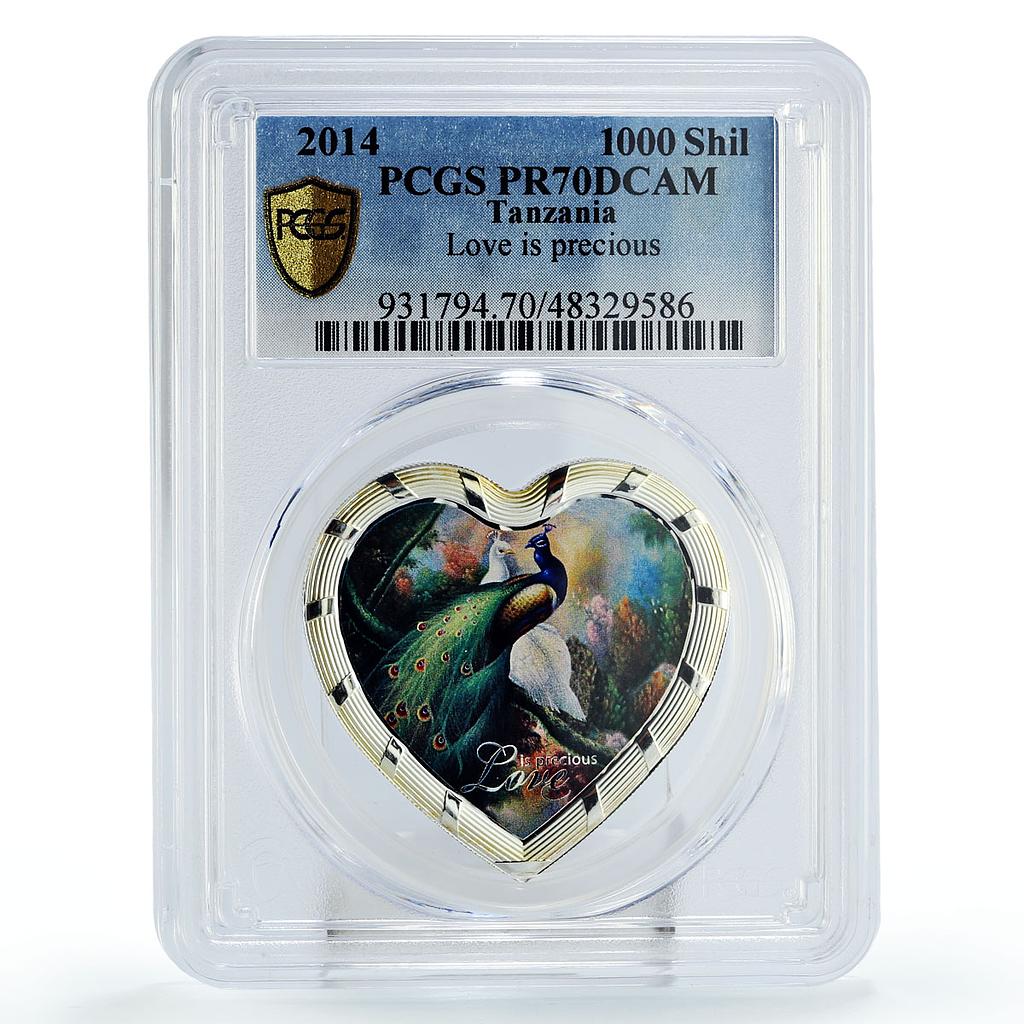 Tanzania 1000 shillings Precious Love Peacock Bird PR70 PCGS silver coin 2014