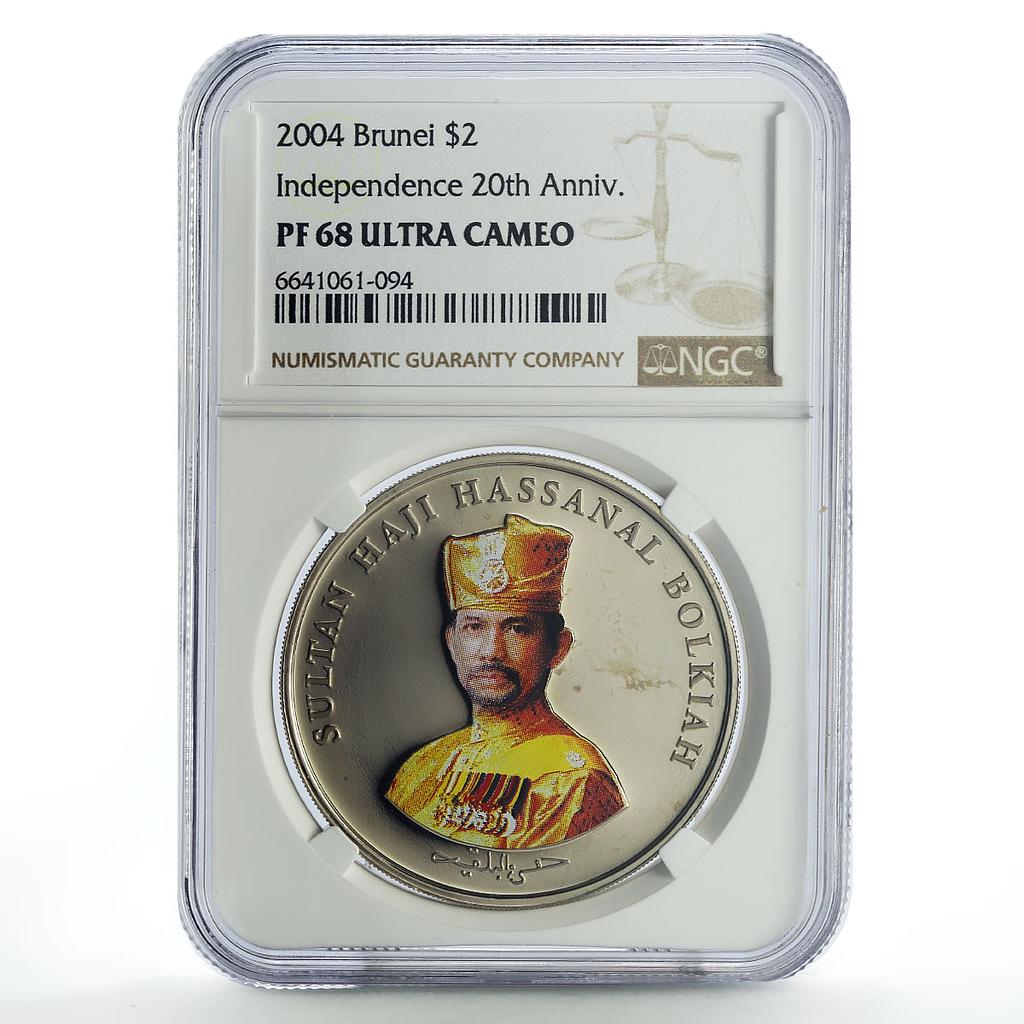 Brunei 2 dollars Independence Sultan Bolkiah Politics PF68 NGC CuNi coin 2004